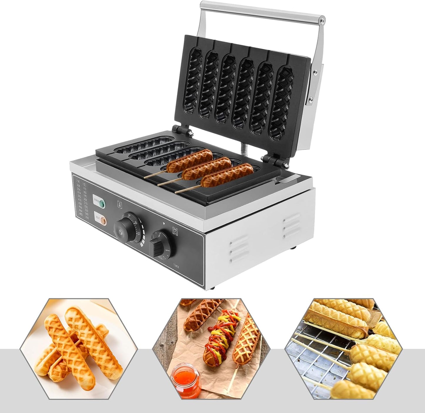 6pcs Hot Dog Waffle Machine,Commercial Nonstick Hot Dog Machine French Muffin Irons Stainless Steel Hot Dog Corn Maker and Waffle Stick Maker 50-300℃ Temp Control Kitchen Equipment