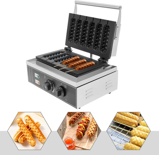 6pcs Hot Dog Waffle Machine,Commercial Nonstick Hot Dog Machine French Muffin Irons Stainless Steel Hot Dog Corn Maker and Waffle Stick Maker 50-300℃ Temp Control Kitchen Equipment