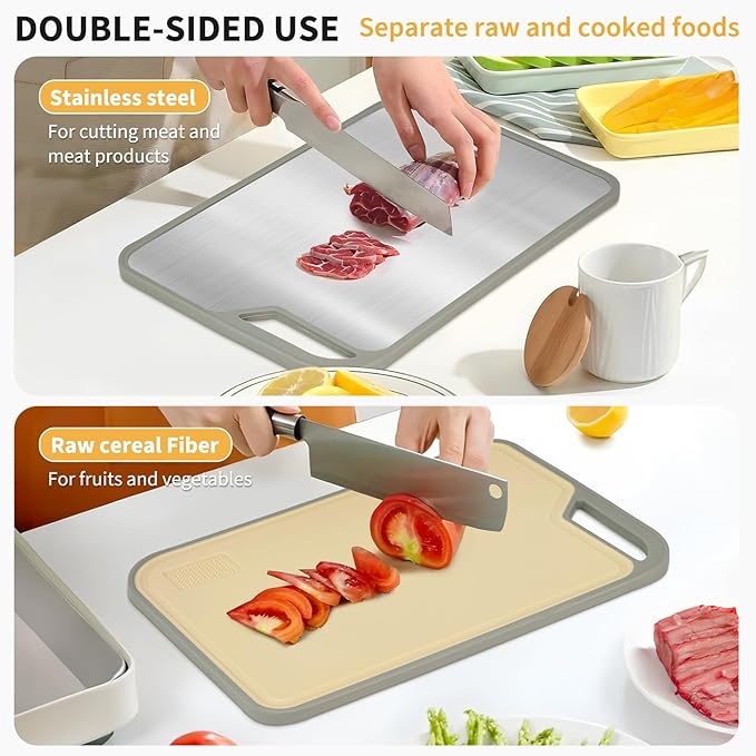 Stainless Steel Cutting Borad,Stainless Steel and Wheat Straw pp Double Sided Food Grade Cutting Boards for Kitchen,Easy to Clean 13.4 X 9 inch,Dishwasher Safe