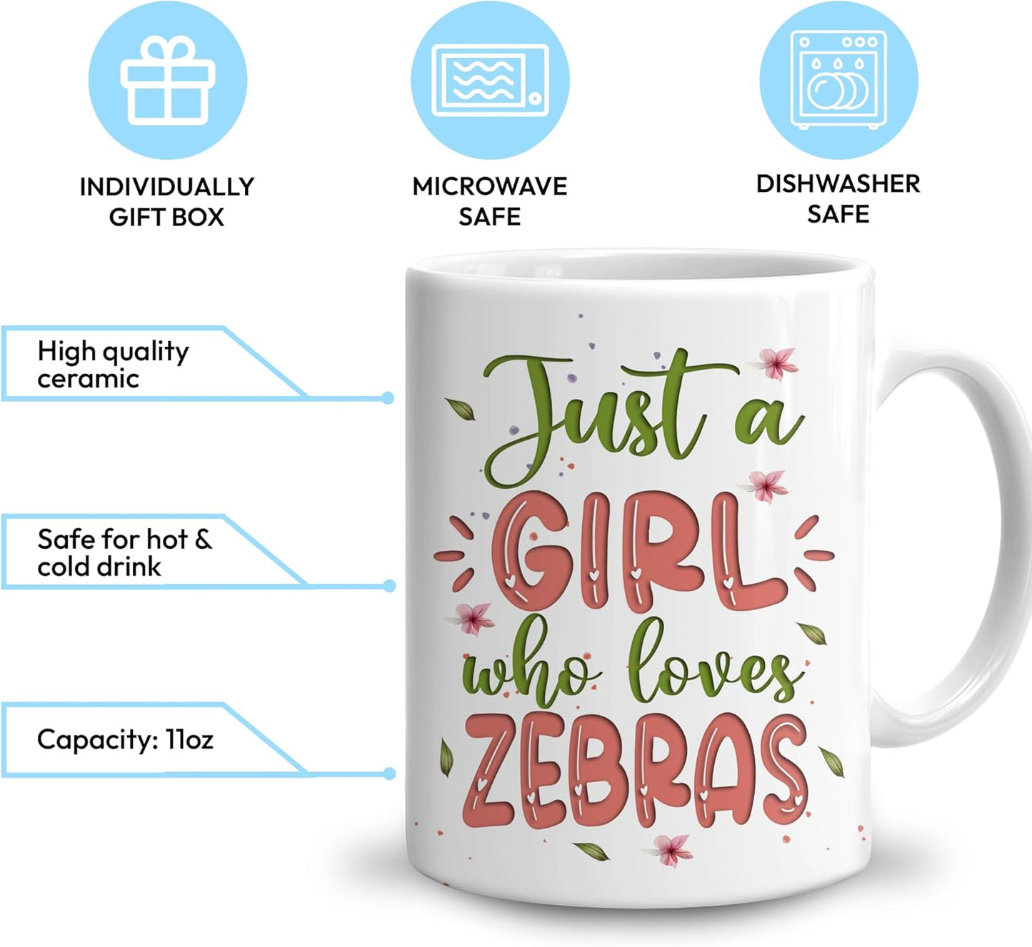 Hyturtle Personalized Gifts Zebra Lover - Just A Girl Who Loves Zebras Custom Name Ceramic Coffee Mug Cup 11oz - Idea Cute Animal Lover Gifts For Women, Girl Daughter On Birthday, Christmas
