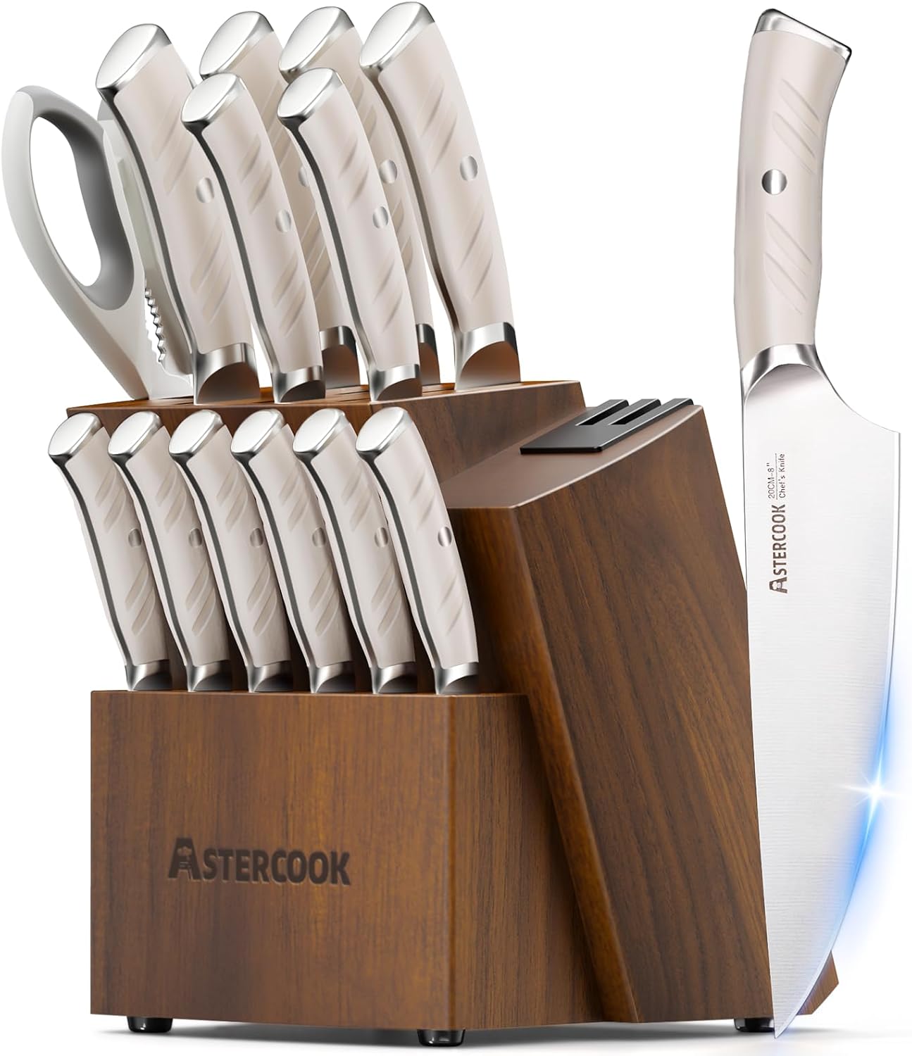 Astercook Knife Set Kitchen with Block and Dual Sharpener Full Tang 15 Pcs German Stainless Steel Knives Dishwasher Safe Kitchen Utensils Set with Anti-slip Ergonomic Handle, Elegant White