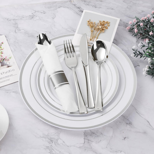 BESTVIP 350PCS Silver Plastic Dinnerware Set, Disposable Party Plates for 50 Guests, Include: 100 Plastic Plates, 50 Pre Rolled Napkins with Silver Silverware, 50 Cups