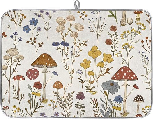 Dish Drying Mat for Kitchen - Cute Mushroom Wild Plant Print Microfiber Kitchen Mat, Non-Slip Absorbent Sink & Countertop Protector, Reusable for Dishes Bowl Cup Pan Large 18x24 Inches