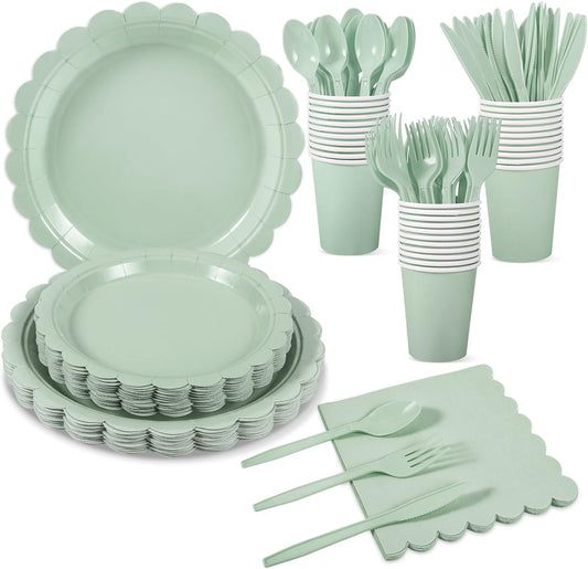 175 Pcs Sage Green Paper Plates and Napkins, Sage Green Party Supplies Include Green Scalloped Plate Paper Napkin Cup Plastic Cutlery for Baby Shower, Wedding, Birthday