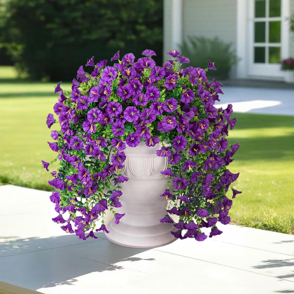 Jasion 4 Bundles Artificial Hanging Flowers Outdoor Realistic Morning Glory Silk Fake Plants UV Resistant for Porch Balcony Fence Decor (Purple)