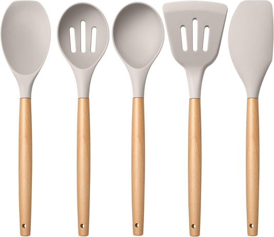 E-far Silicone Cooking Utensils Set, 5-Piece Kitchen Utensils Set with Wooden Handle for Cooking, Silicone Kitchen Nonstick Tools Spatula Turner Slotted Spoons, Nontoxic & Heat Resistant-Khaki