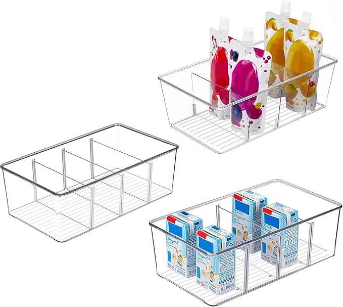 Pantry Organizers and Storage,Kitchen Organizers and Storage for Fridge,Drawer and Refrigerator - Spice Organization for Cabinet,Clear Plastic Stackable Storage Organizer Bins with 3 Dividers (3 Pcs)