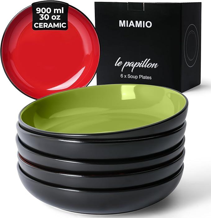 MIAMIO – 30 Oz / 8.6 Inch Set of 6 Pasta Bowls/Salad Bowls, Pasta Plates Wide and Shallow Bowl, Large Ceramic Stoneware Deep Plate Serving Soup - Le Papillon Collection (Mixed)