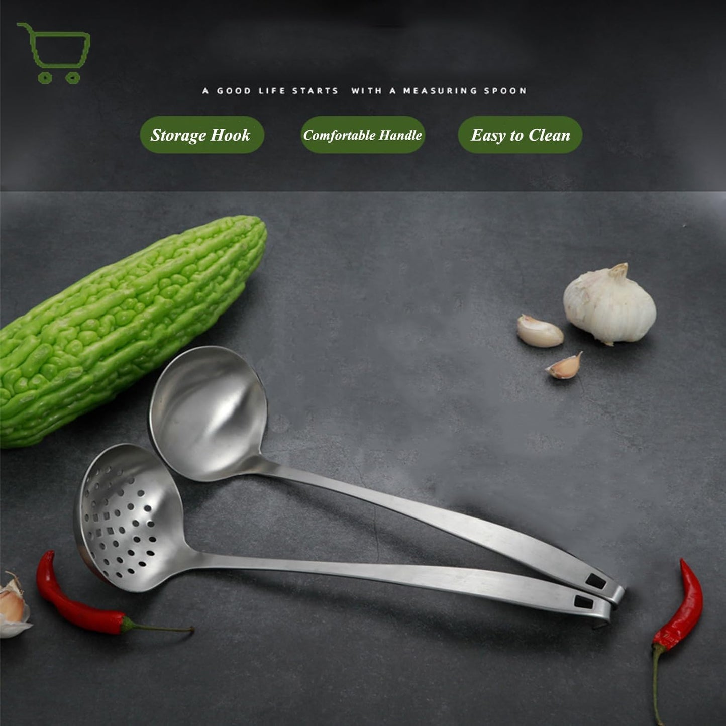 Cooking Ladles,Serving Scoop And Ladle Strainer Set Of 2 with Hook and Hole for Easy Hanging,Stainless Steel Soup Ladles Set for Kitchen