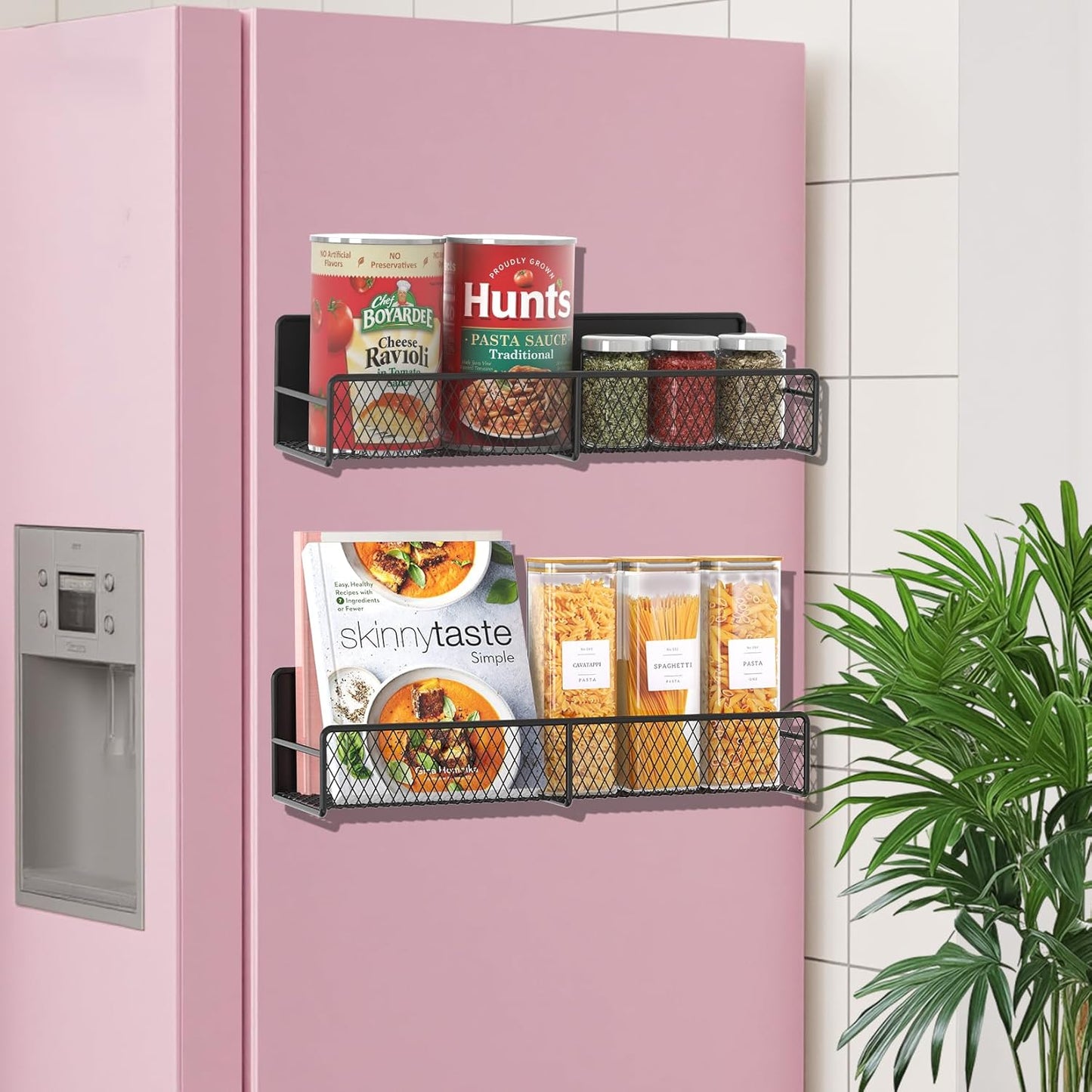 Magnetic Spice Rack for Refrigerator, 2 Pack Magnetic Shelf for Fridge with 4 Hooks, Black Magnetic Shelves, Organization and Storage Kitchen, Magnet Shelf for Fridge, Cabinet Organization