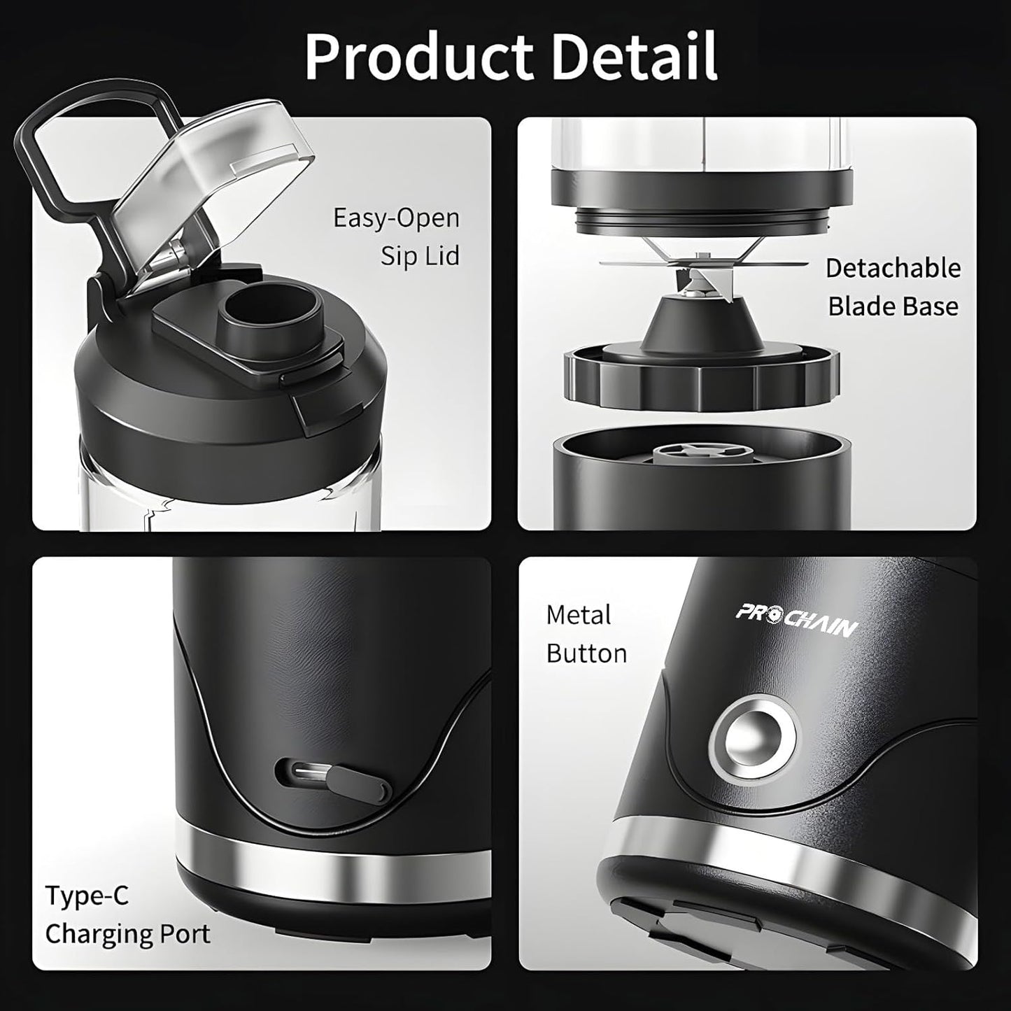 PROCHAIN Portable Blender, 22oz Cordless Personal Blenders, Electric USB Rechargeable Juicer, Smoothies, Ice Crush, Travel, Protein Shakes Cup, BPA-Free, Dishwasher Safe