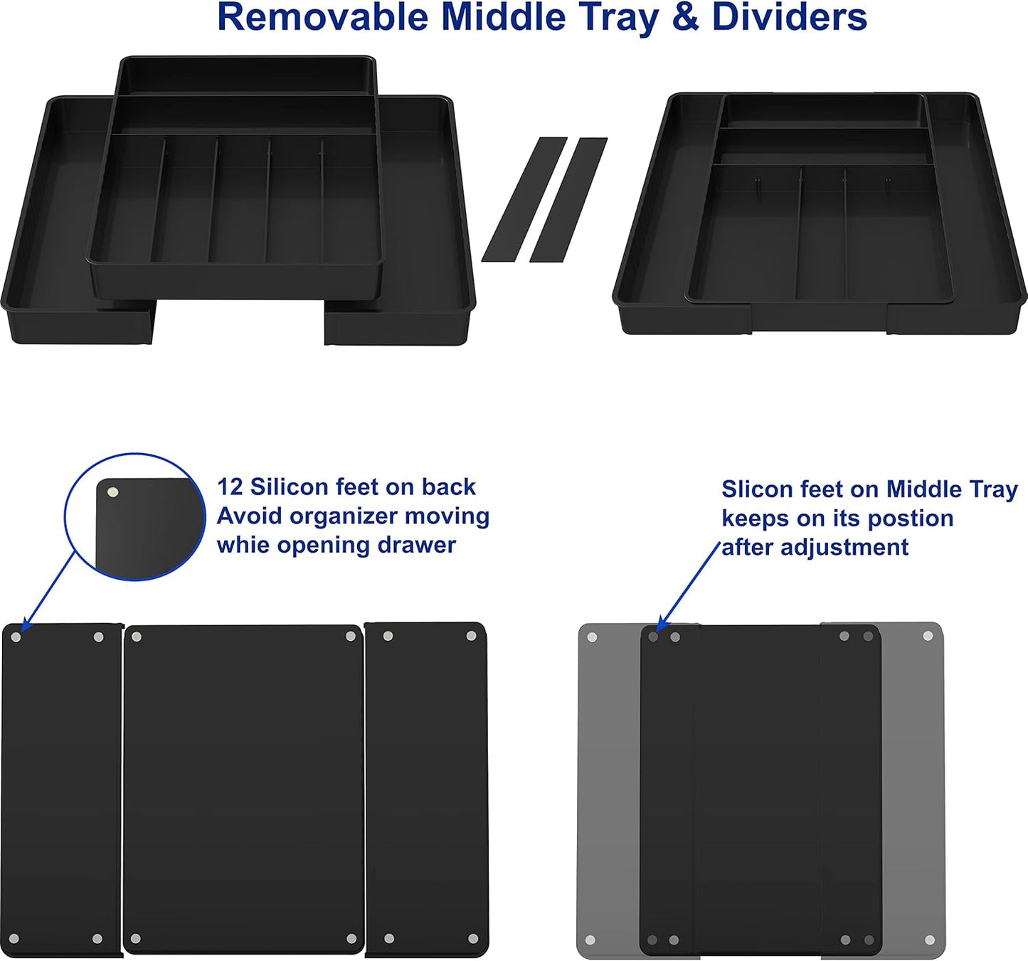 Simple Houseware Expandable Kitchen Drawer Flatware Organizer, Black – Adjustable Cutlery Tray with 9 Compartments for Utensils and Silverware