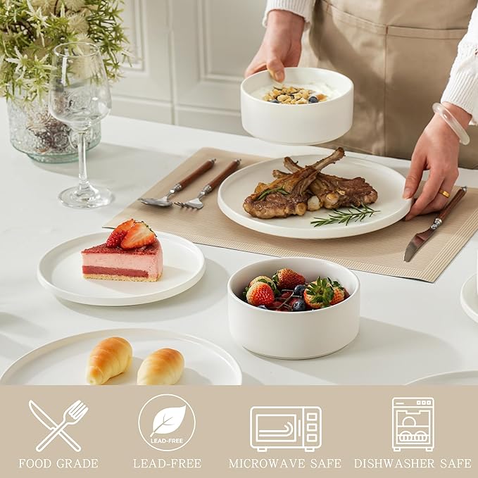 24 Piece Ceramic Dinnerware Set for 8, Modern Minimalist Stoneware Dinner Plates and Bowls, Microwave Safe, Dishwasher Safe, Versatile for All Seasons, Matte White