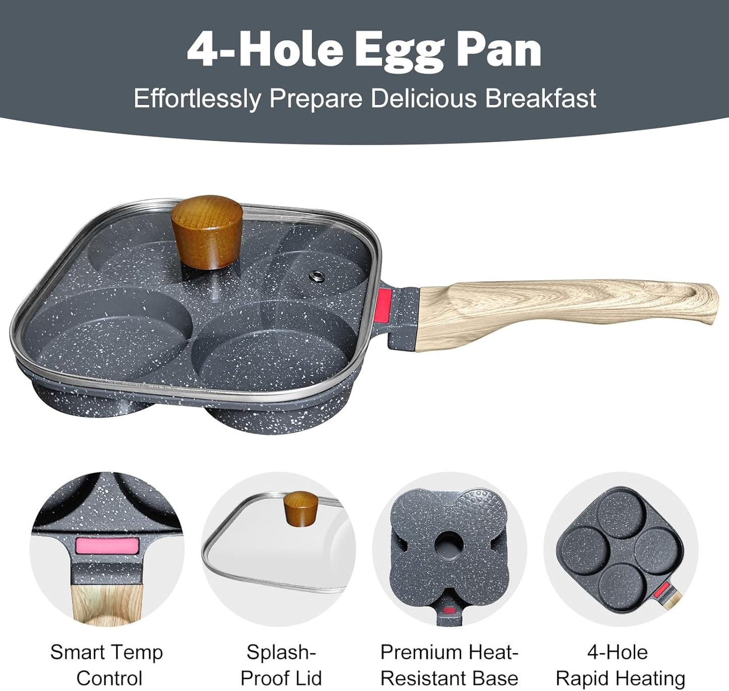 4‑Cup Nonstick Egg Pan Set with Lid – Aluminum Omelette Skillet for Breakfast, Includes Silicone Scraper, Oil Brush, Chopsticks & Cleaning Cloth – Compatible with Gas & Induction Cooktops