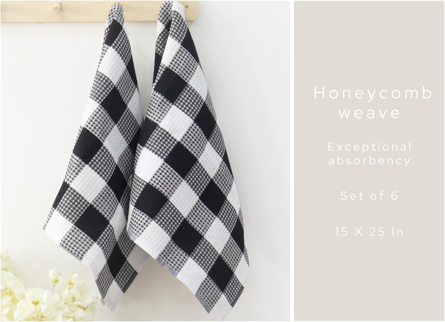 PurpleEssences 100% Cotton Waffle Weave Check Plaid Kitchen Towels, Super Soft and Absorbent Dish Towels for Drying Dishes 15 x 25-6 Pack - Fall Thanksgiving - Black and White