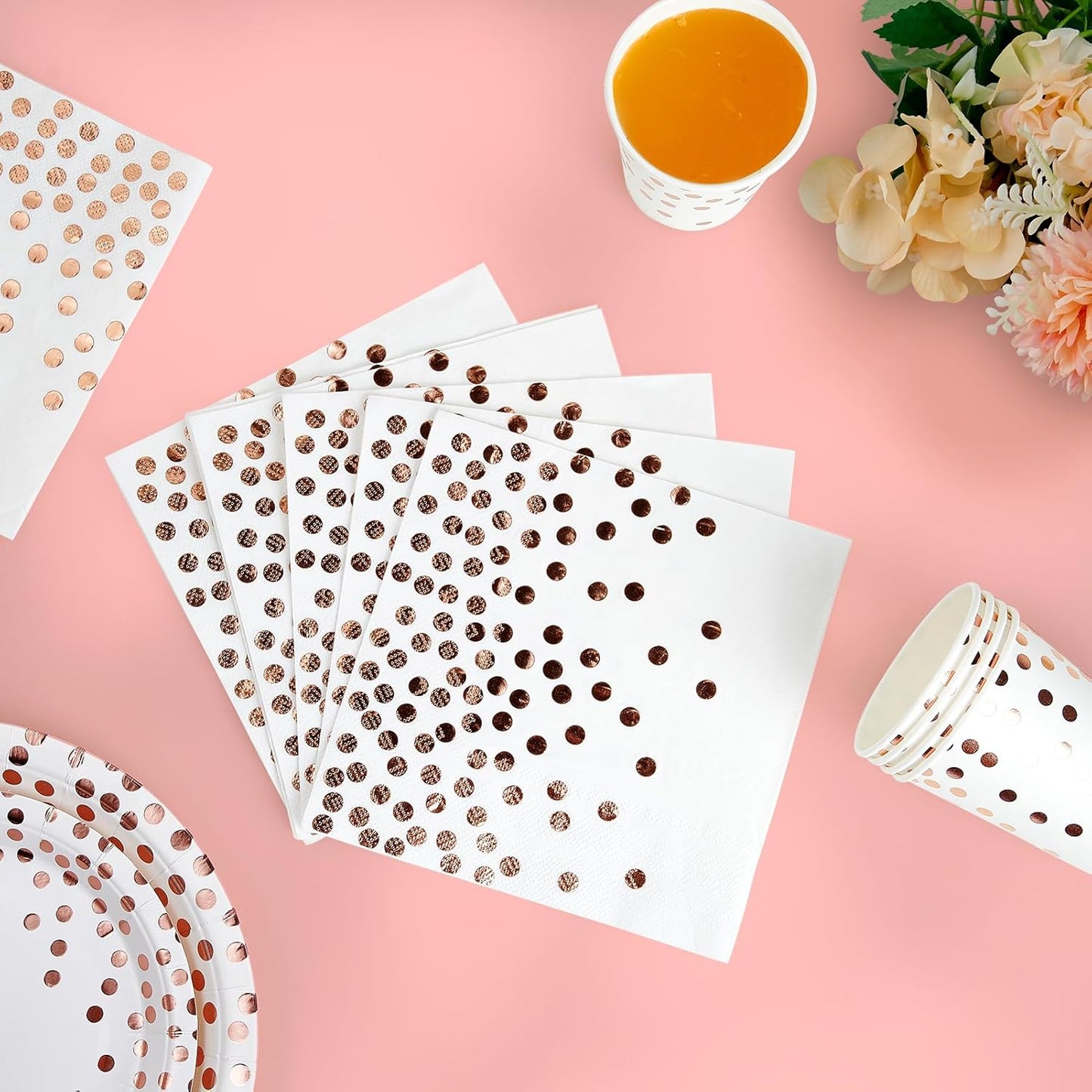 White and Rose Gold Party Supplies - 350 PCS Disposable Dinnerware Set - White Paper Plates Napkins Cups, Gold Plastic Forks Knives Spoon for Graduation, Birthday, Cocktail Party