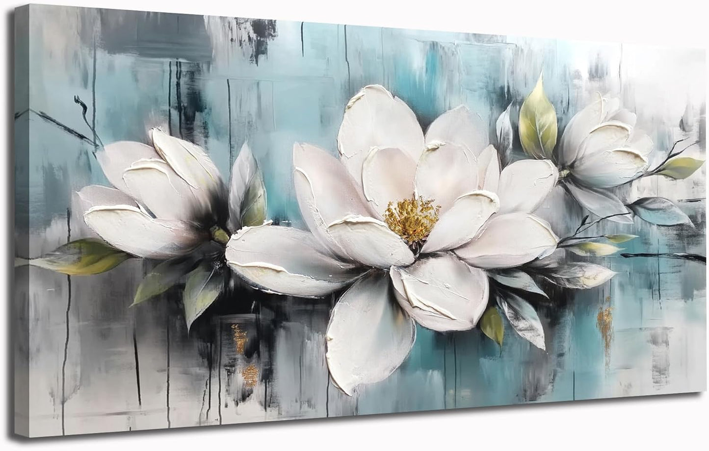 Ardemy Magnolia Wall Art for Living Room, Extra Large White Floral Canvas Wall Art Bedroom Painting Pictures Wall Decor Teal Flower Artwork for Walls Home Office Dining Room, 58"x29"