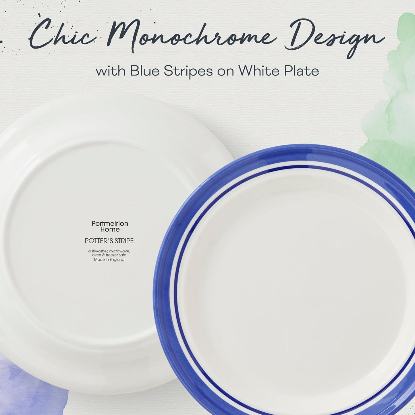 Portmeirion Potter's Stripe Dinner Plate (Set of 4) - 10.5" Earthenware Plates with Classic Striped Rim - Microwave, Dishwasher, Freezer, Oven Safe - Ideal Modern Dinnerware Set (Blue Stripe)