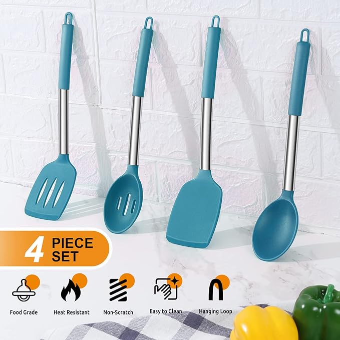 Cooking Utensils Set of 4, E-far Silicone Kitchen Utensils for Non-stick Cookware, Heat Resistant & Non-toxic Slotted Spatula Solid Spoon Turner for Flipping Mixing Serving Basting(Teal Blue)