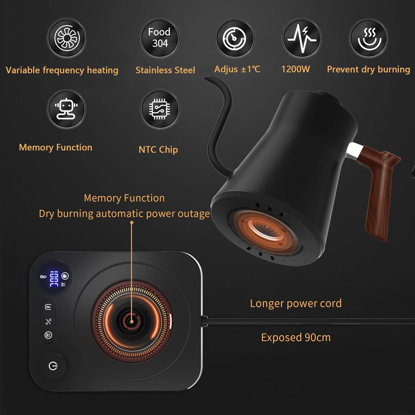 RHD Electric Gooseneck Kettle with LCD Display, Real-Time Temp Control Hot Water Boiler to Pour Over Coffee, Brew Tea, Switchable ℉/℃, 1200 Watt Quick Heating Pot, 0.9L, 304 Stainless Steel,Matt Black