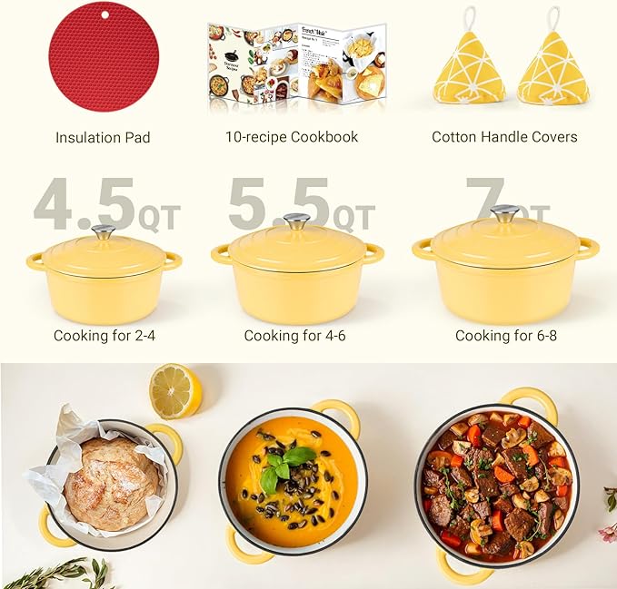 Overmont Enameled Cast Iron Dutch Oven - 5.5QT Pot with Lid Cookbook & Cotton Potholders - Heavy-Duty Cookware for Braising, Stews, Roasting, Bread Baking Goose Yellow