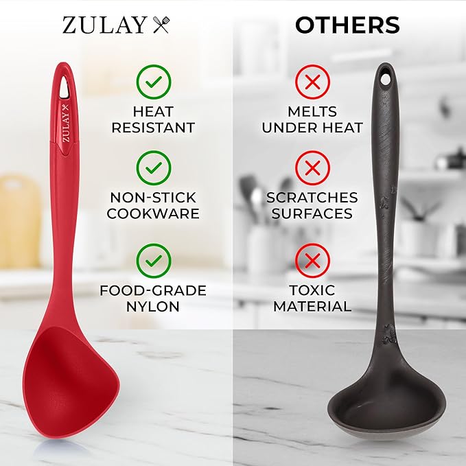 Zulay Kitchen Soup Ladle – Ergonomic, Heat-Resistant & Versatile for Serving Soup, Chili, Gravy & More - Red