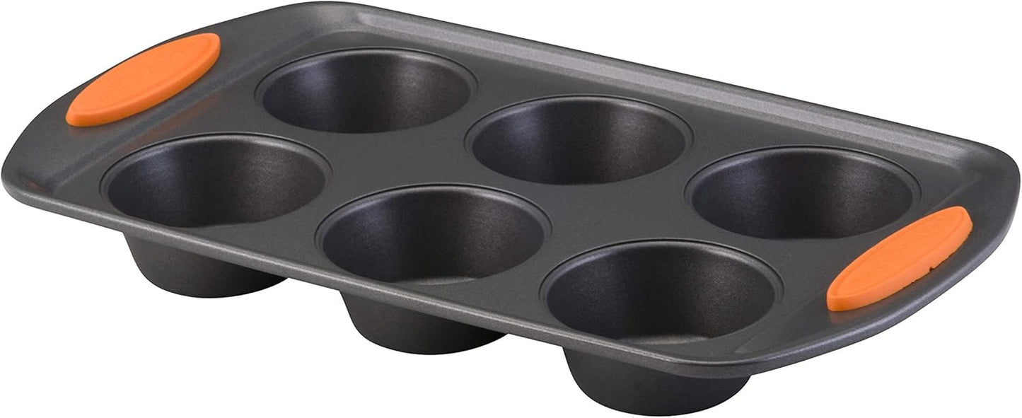 Rachael Ray Yum-o! Nonstick Bakeware Oven Lovin’ Cups Muffin Pan, 6-Cup, Gray with Orange Handles