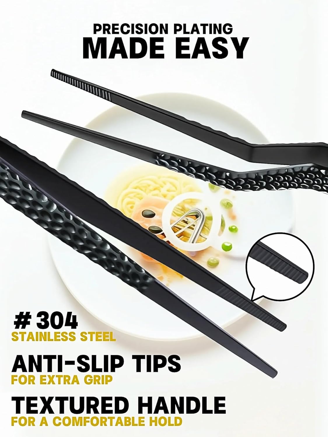 CREATIVECHEF Chef Tweezer Tongs, Professional Kitchen Tweezers, Precision Tweezer Tongs for Cooking, BBQ, Plating, Stainless Steel, Black (5)