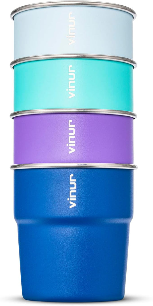 VINUR 8 oz Stainless Steel Cups Tumbler Stackable Metal Drinking Glasses for Travel, Camping, Outdoors, 4 Pack (Baby Blue-Navy-Teal-Purple)