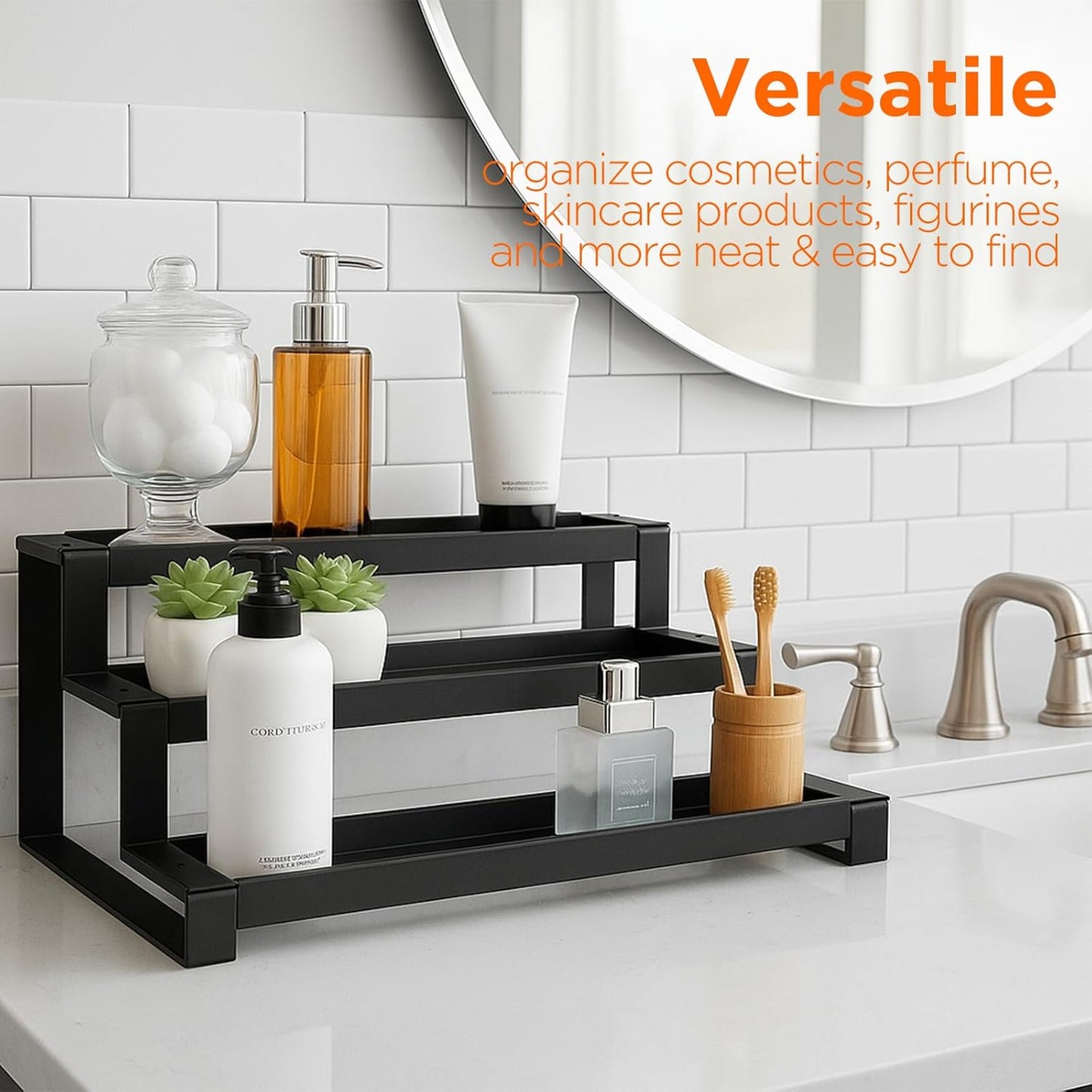 3-Tier Spice Rack Organizer for Kitchen Cabinet or Pantry, 16"-29" Expandable Spice Organization Shelf, Seasoning Organizer, Metal Display Shelf, Slip-Resistant Design for Jars and Bottles, Black