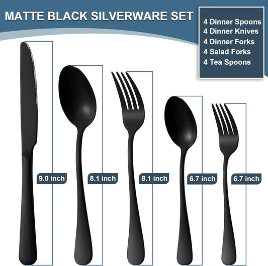 Briout Matte Black Silverware Set, Stainless Steel Cutlery Set Service for 4, Black Flatware Utensil Set Include Fork Knife Spoon for Kitchen Home Restaurant, Premium Tableware
