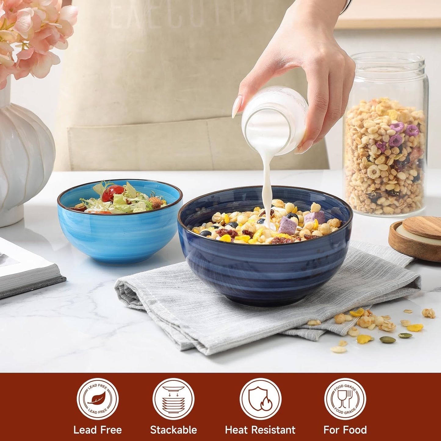 KitchenTour 24 OZ Cereal Bowls Set of 6, Ceramic Soup Bowls for Kitchen, 5.9 Inch Colorful Serving Bowls for Oatmeal, Salad, Pasta, Dessert - Microwave & Dishwasher Safe, Assorted Cool Colors