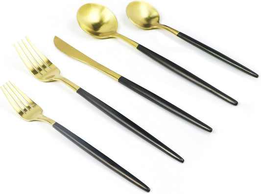 5-Pieces Luxury Black Handle Gold 18/10 Stainless Steel Flatware Set, Matte Finish, Service for 1