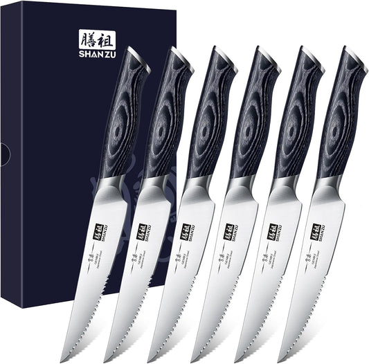 SHAN ZU 6 Pc Steak Knife Set, 4.5 Inch High Carbon Japanese Super Steel Steak Knives, Ultra Sharp Kitchen Steak Knife with K133 Ergonomic Handle, Black Tortoise Genbu Series