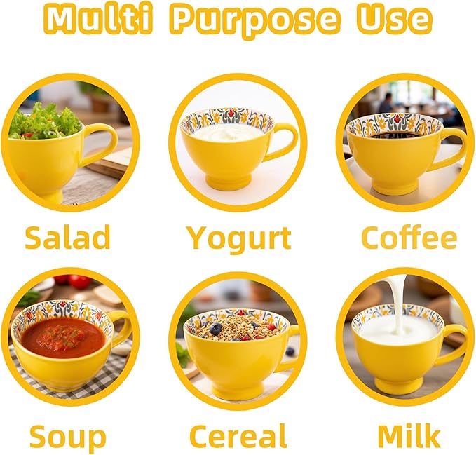 Topadorn Ceramic Coffee Mugs with Handle Set of 2, Hand-Painted Floral Pattern Ceramic Soup Mugs for Salad, Cappuccino, Cereal, Milk, Latte, Tea, Cocoa, Breakfast Oatmeal Cups(Green & Yellow)