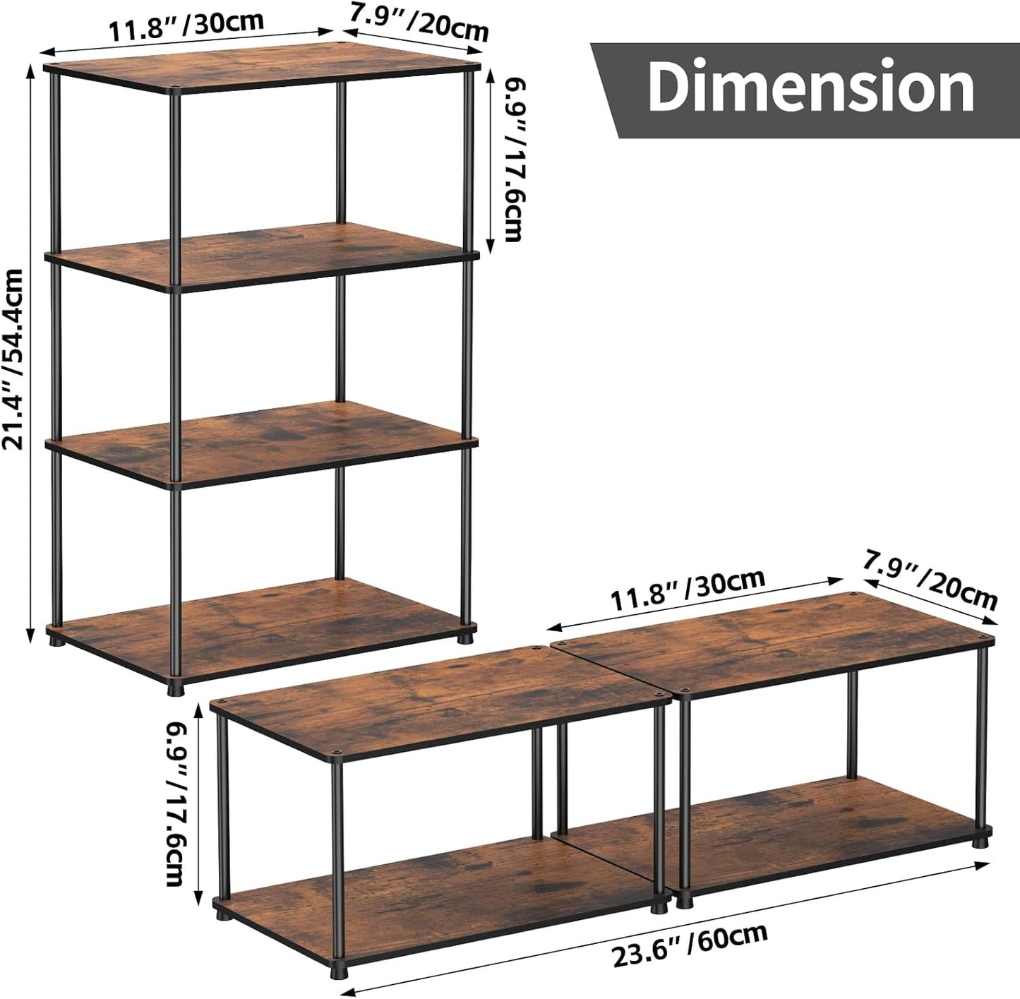 Countertop Spice Rack, Stackable Wood & Metal Pantry Cabinet Shelf Organizer Storage, 4-Tier or Split into 2×2-Tier, Multi-Use for Kitchen Bathroom Desktop Home Office, Rustic Brown