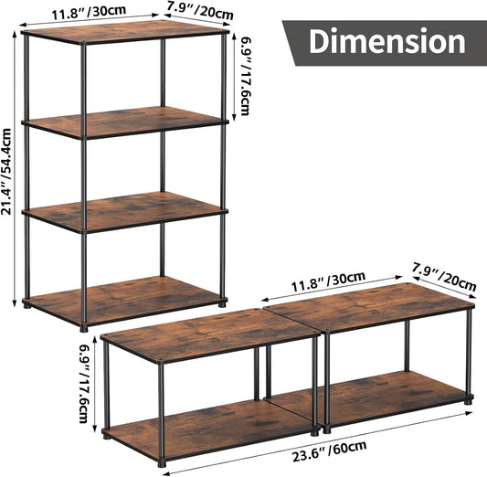 Countertop Spice Rack, Stackable Wood & Metal Pantry Cabinet Shelf Organizer Storage, 4-Tier or Split into 2×2-Tier, Multi-Use for Kitchen Bathroom Desktop Home Office, Rustic Brown
