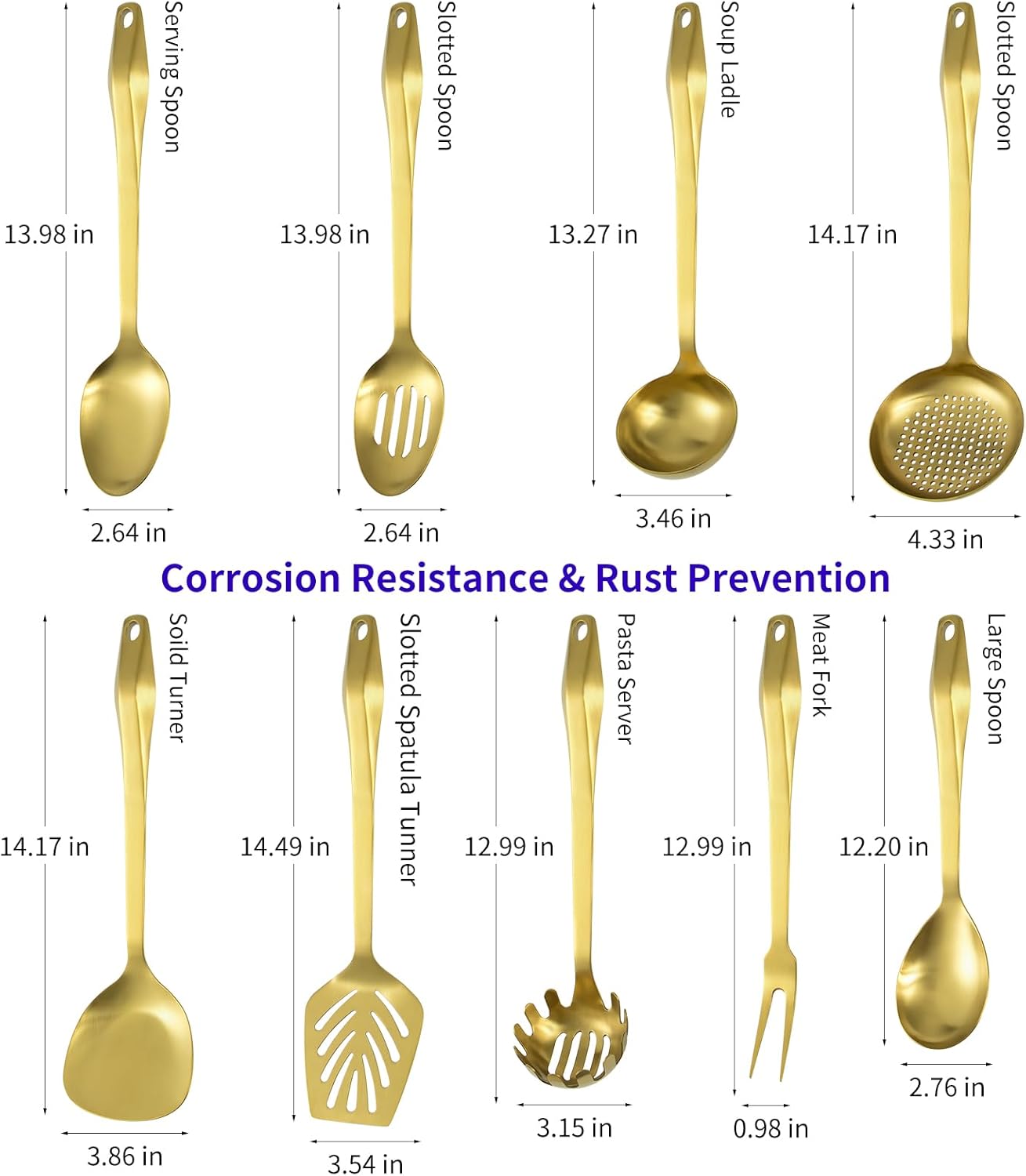 304 Stainless Steel Kitchen Utensil Set - 9pcs Cooking Utensils, Metal Kitchen Utensil Spatula Sets Cookware,High temperature resistance Kitchen Tool Set for Hanging Dishwasher Safe（Gold）