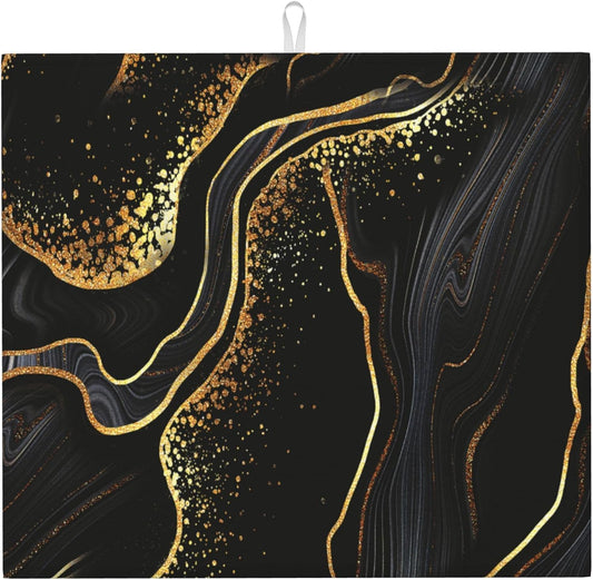 Black Gold Marble Texture Dish Drying Mat for Kitchen Counter Black Modern Decorative Dish Drainer Rack Mats 16x18 Inch Absorbent Reversible Drying Pad