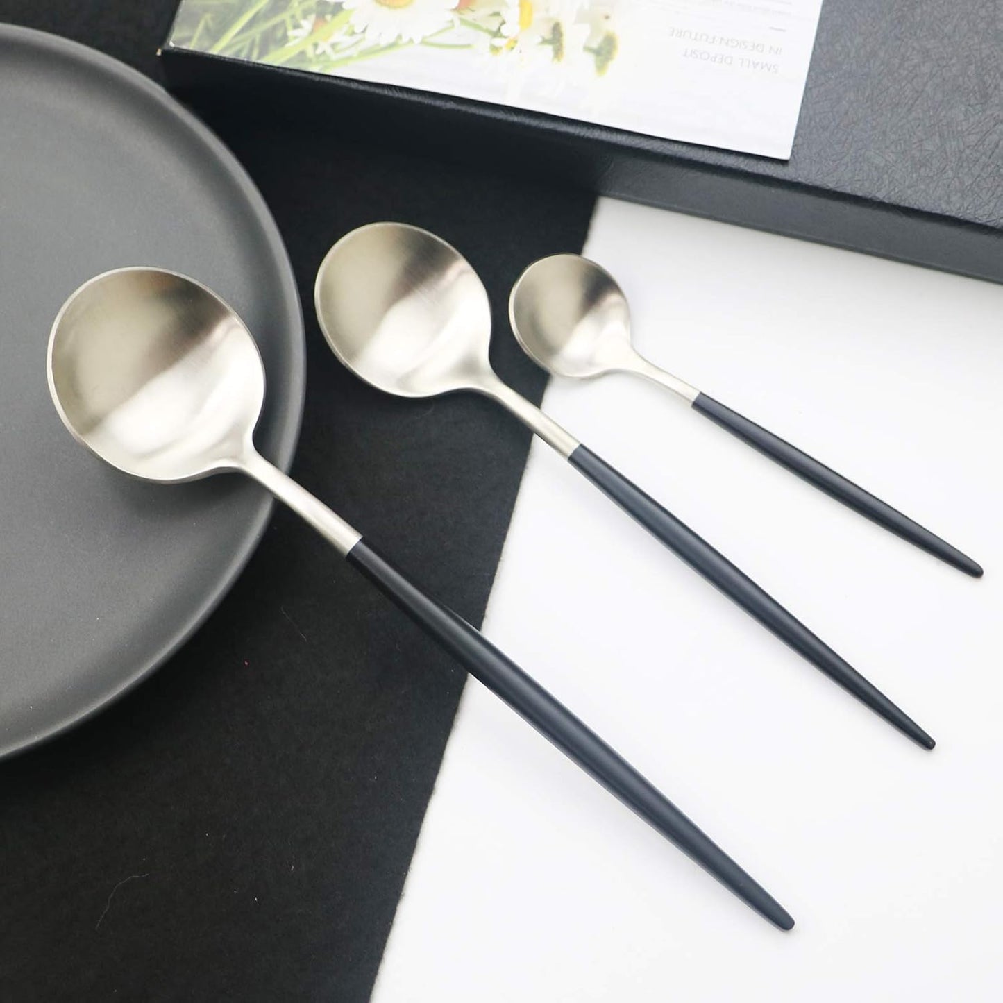 JASHII 18/10 Black Handle Flatware Silver Silverware Set 304 Stainless Steel Flatware Cutlery Set| 6-Piece Adaline Royal Modern Satin Finish| BEST Birthday Wedding Gift (Black Handle Matte Silver)