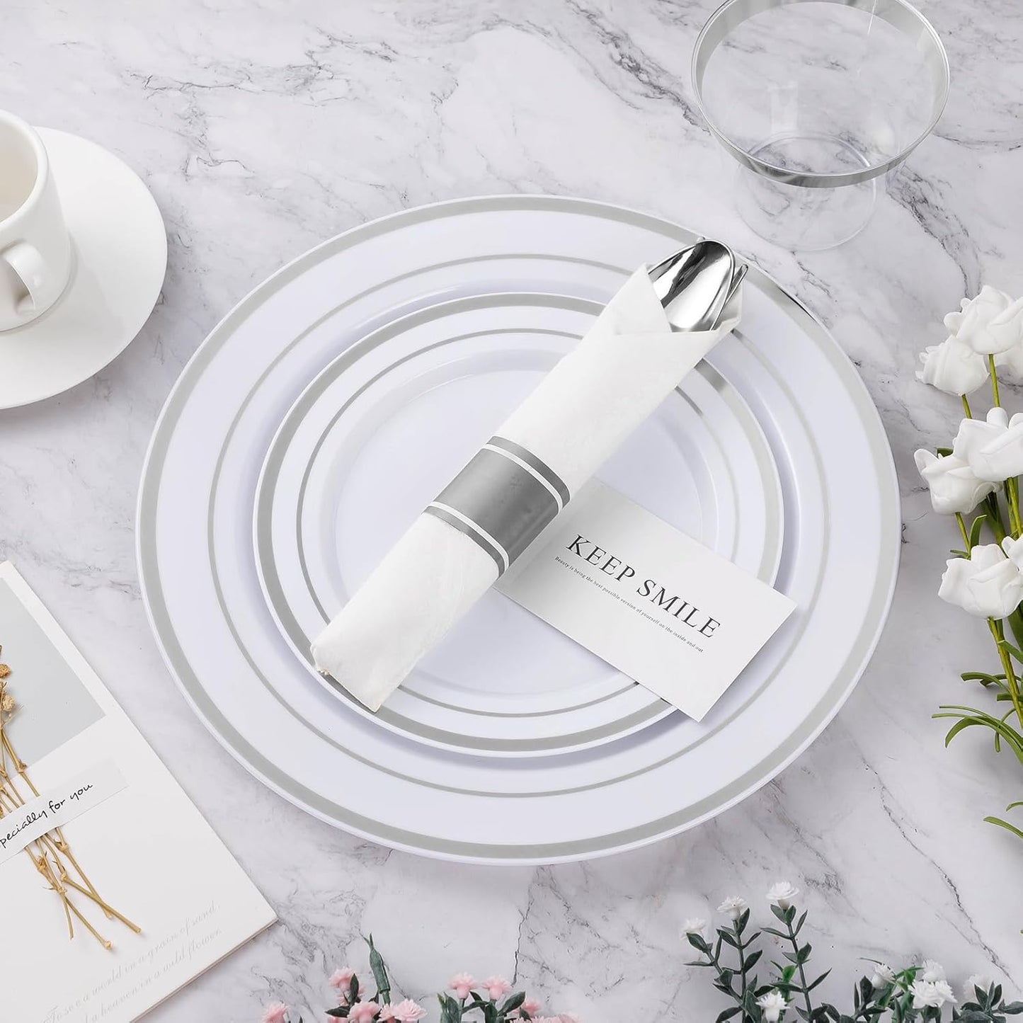 BESTVIP 350PCS Silver Plastic Dinnerware Set, Disposable Party Plates for 50 Guests, Include: 100 Plastic Plates, 50 Pre Rolled Napkins with Silver Silverware, 50 Cups