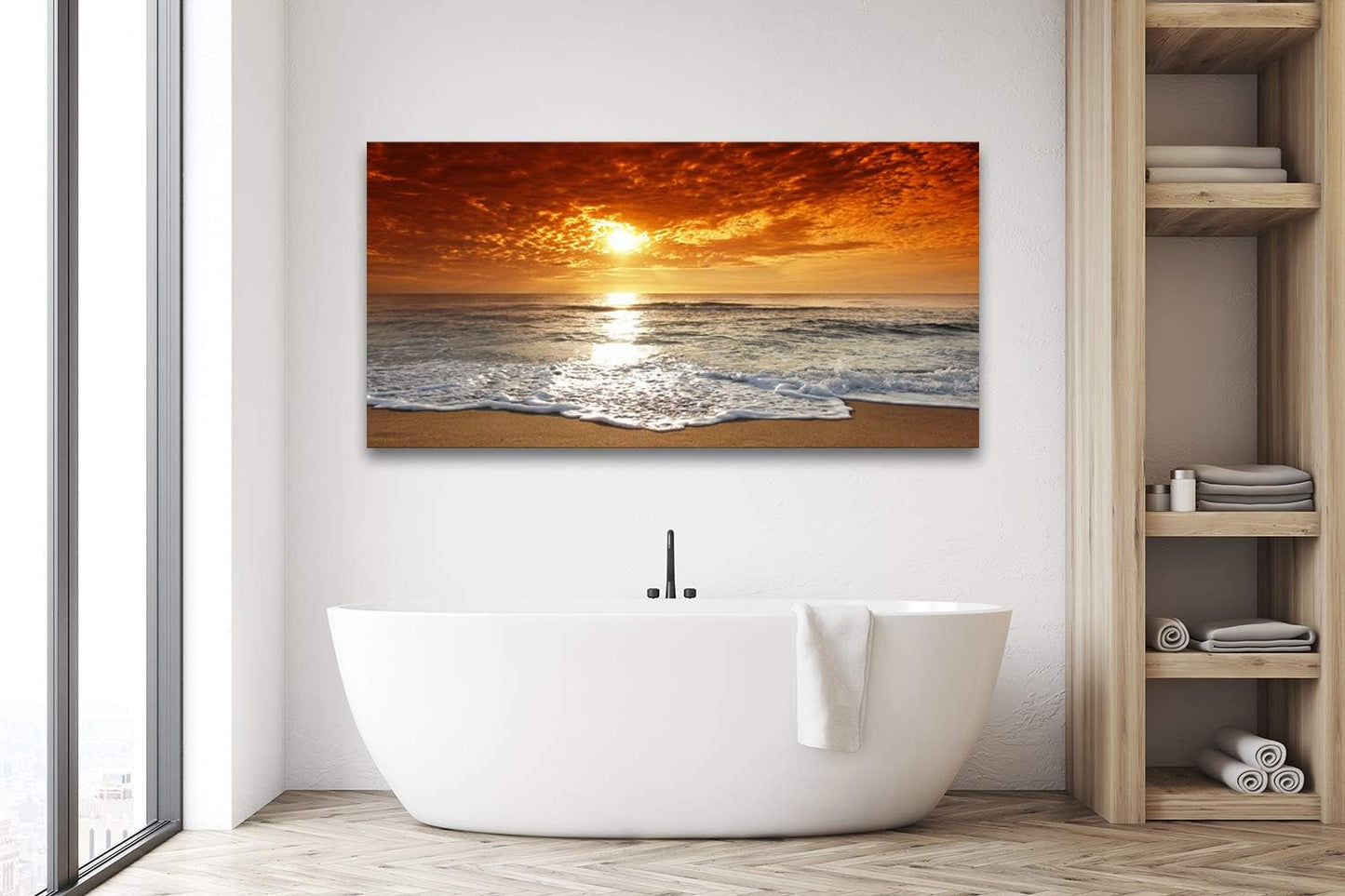 Muolunna S04675 Canvas Prints Wall Art Sunset Ocean Beach Pictures Paintings for Living Room Bedroom Home Decorations Framed Ready to Hang Seascape Waves Artwork 30x60inch