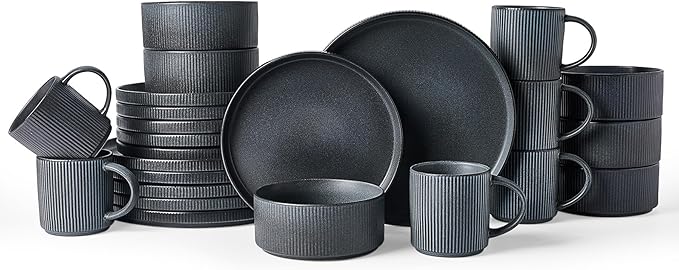 Famiware Star Dinnerware Set with Mugs, Service for 6 (24 Pieces), Ribbed Stoneware Plates and Bowls Dishes Sets - Chip & Scratch Resistant, Microwave & Dishwasher Safe, Matte Dark Charcoal