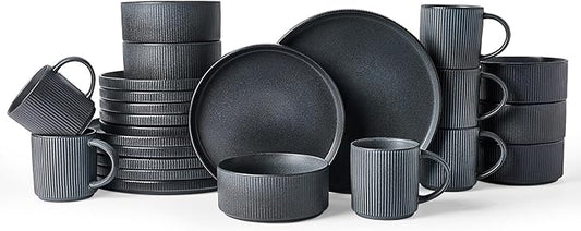 Famiware Star Dinnerware Set with Mugs, Service for 6 (24 Pieces), Ribbed Stoneware Plates and Bowls Dishes Sets - Chip & Scratch Resistant, Microwave & Dishwasher Safe, Matte Dark Charcoal