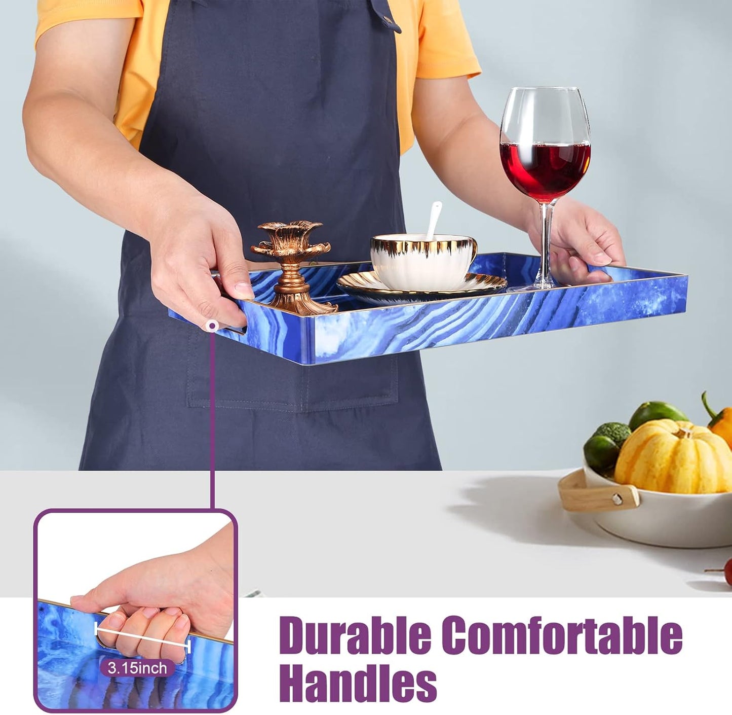 Gifturbo Blue Marble Serving Tray,Decorative Serving Trays with Handles,Coffee Table Tray Ottoman Rectangular Plastic Trays with Gold Rim for Living Room, Bathroom,15.7 x 10.2 x1.37 inches