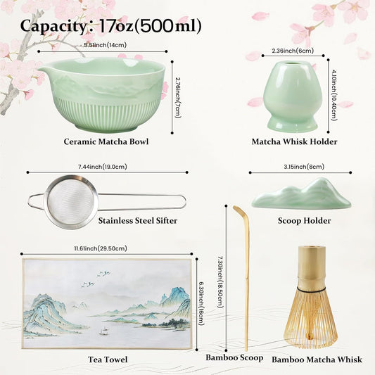 7PCs Matcha Whisk Set Traditional Japanese Green Matcha Kit with Whisk and Bowl Matcha Making Accessories Bamboo Chasen Tea Spoon Holder Sifter Tea Towel Ceremony Macha Tea Set for Beginners
