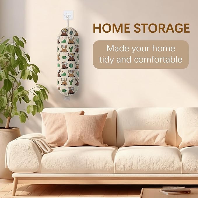 Plastic Bag Holder Highland Cow Bag Holder Dispenser, Plastic Grocery Bag Organizer & Wall Mount Paper Trash Bags Saver Storage for Kitchen Home Pantry Decor, Fun Farmhouse Decor