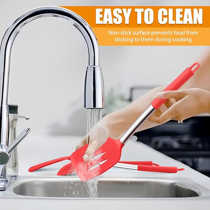 Silicone Spatula Set of 2, E-far Solid & Slotted Turner for Nonstick Cookware, Heat Resistant Rubber Kitchen Cooking Utensils for Flipping Fish Pancake Egg - Red