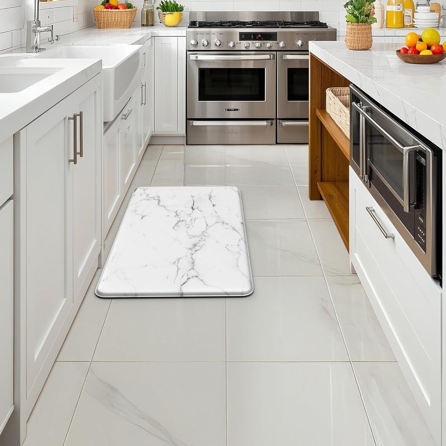 Marble White Kitchen Mats for Floor Anti Fatigue Mats for Kitchen Floor Kitchen Rugs Abstract Art Decorative Cushioned Non Slip Waterproof Mats for in Front of Sink for Office Bedroom Laundry