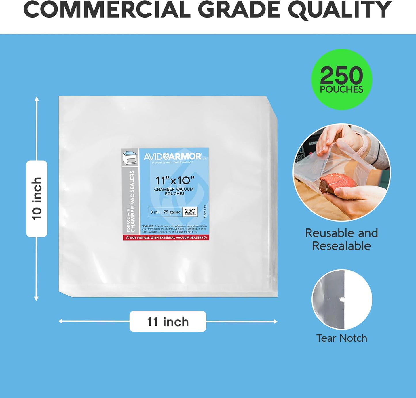 Avid Armor Chamber Vacuum Sealer Bags – Heavy Duty, BPA-Free, Pre-Cut Chamber Vacuum Bags for Food Preservation, Freezer Storage, Sous Vide and more, 250/Pack (11x10) – Multi-Use Vacuum Bags